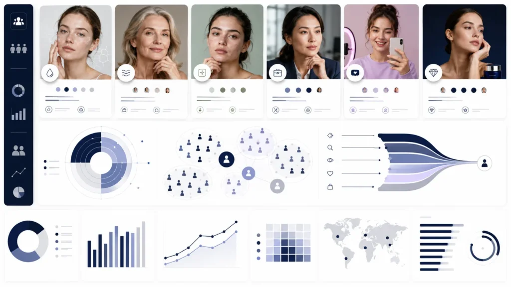 Buyer personas para marketing de cosméticos con segmentación de clientes, datos y recorrido de compra.
