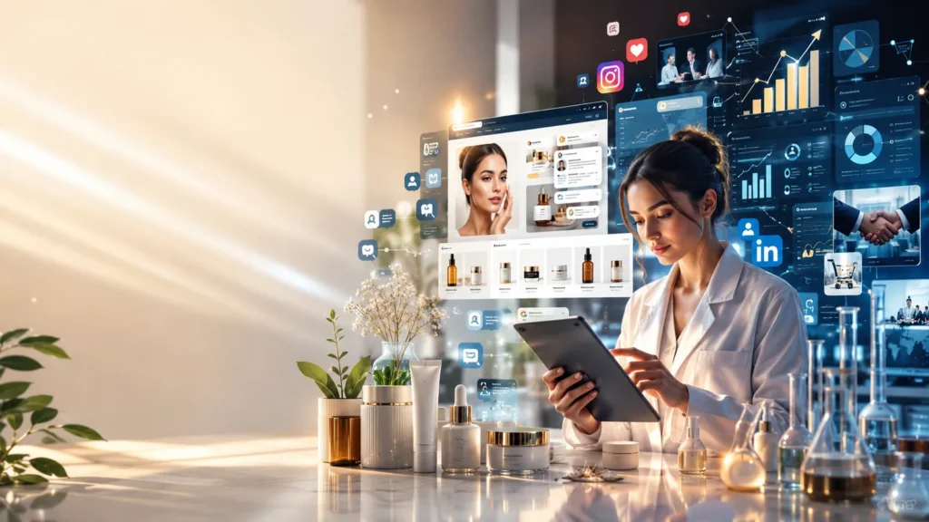 Marketing de cosméticos conectado a un ecosistema digital B2B con SEO, redes sociales, e-commerce, analítica y CRM.