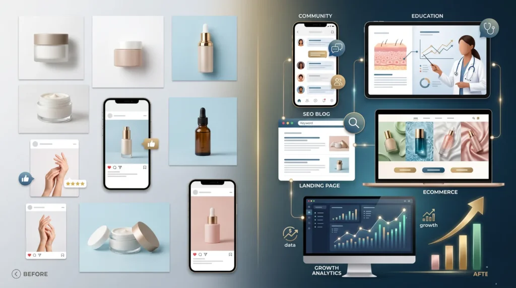 Transformación digital de una marca skincare desde publicaciones genéricas hacia contenido educativo, comunidad y analítica.
