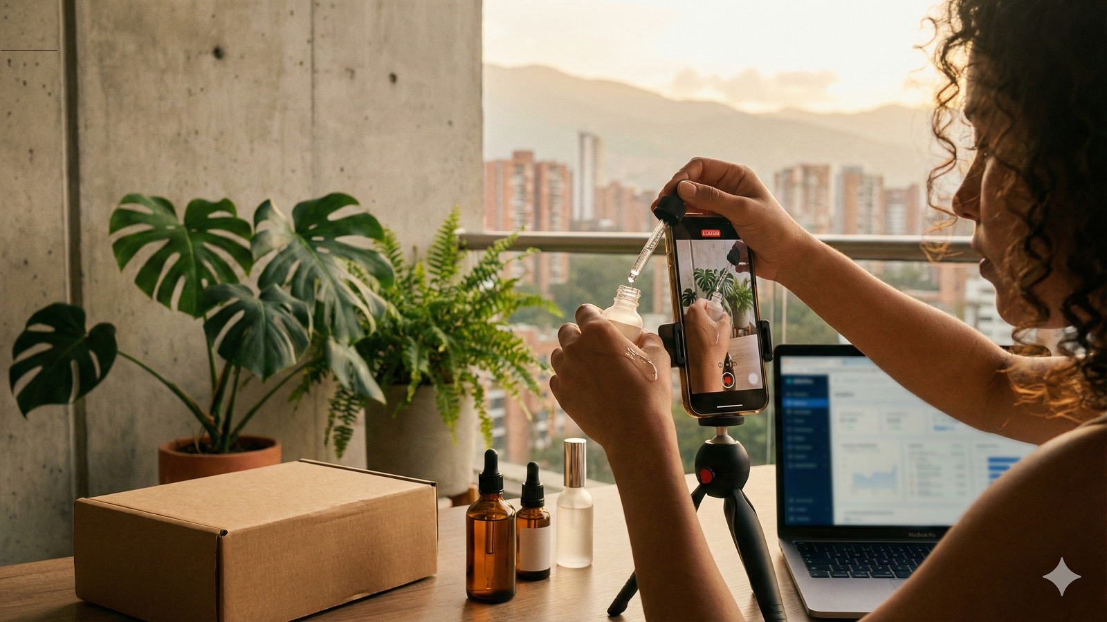 Influenciadores para cosméticos en Colombia , Creadora de contenido en Colombia grabando un video de skincare mostrando la textura de un suero cosmético para una campaña de influenciadores.