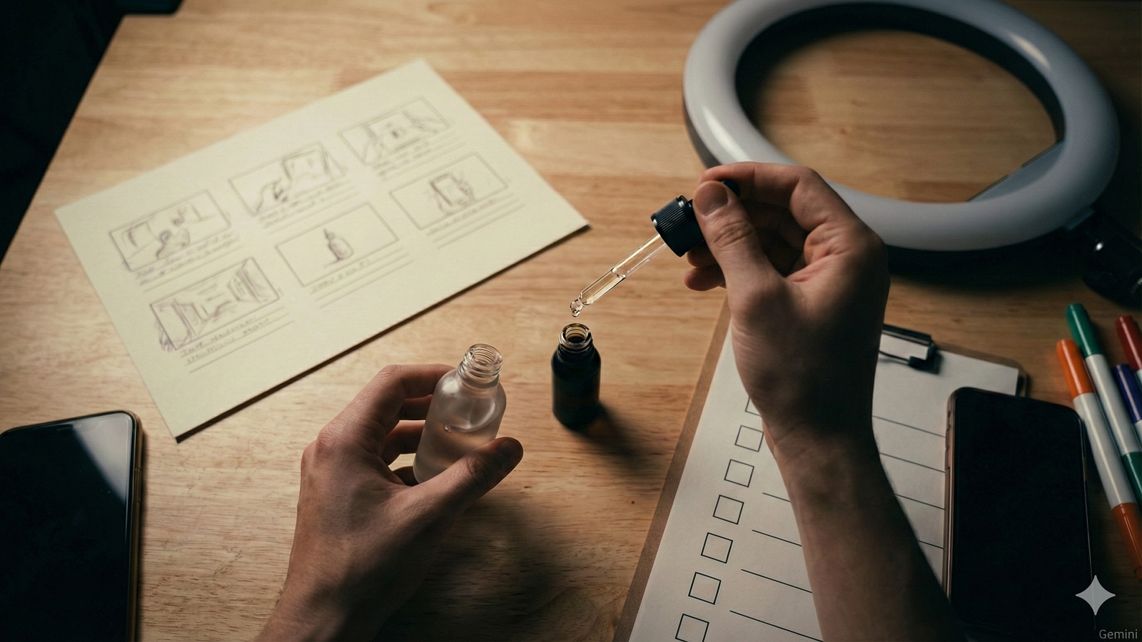 “Set de grabación para cosméticos con guion y checklist de brief, mostrando un gotero de suero en primer plano para contenido UGC.”